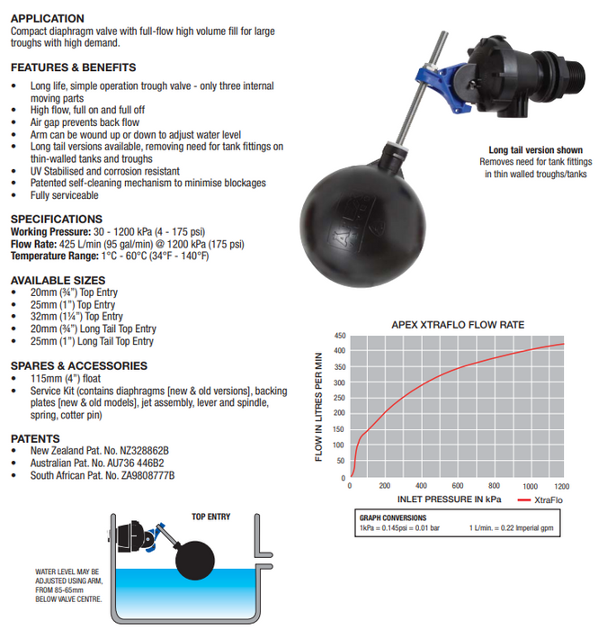 APEX TOP ENTRY XTRAFLO TROUGH VALVE 20mm (3/4")